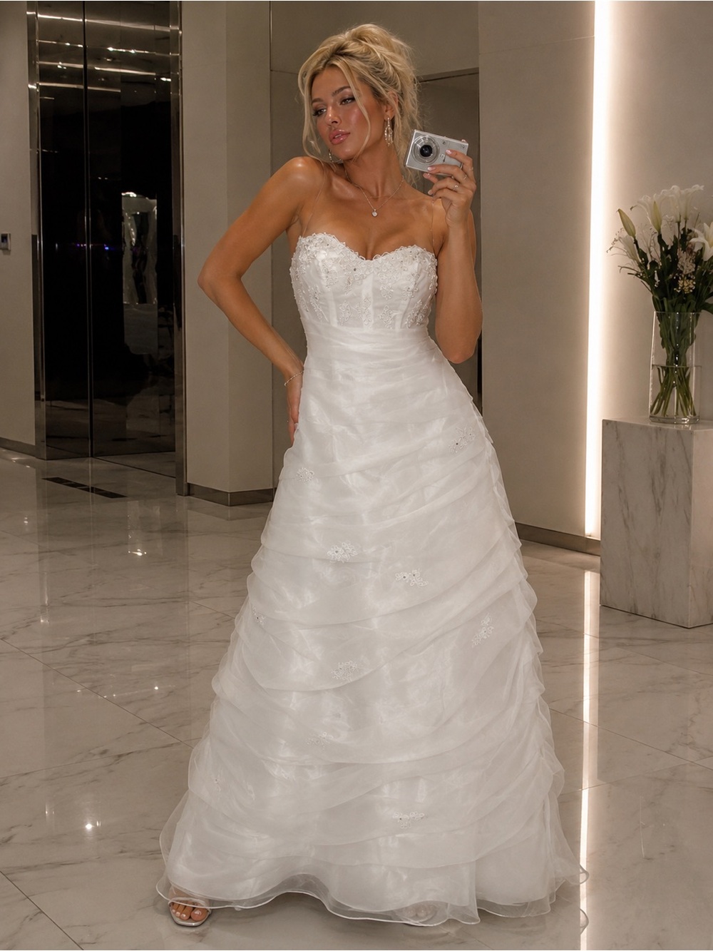 David's Bridal Strapless White Layered A-Line Wedding Dress